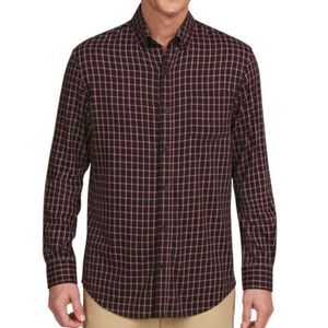 LANDS END Mens Brushed Twill Button Down Shirt Sz L Black Red Plaid Flannel NWT
